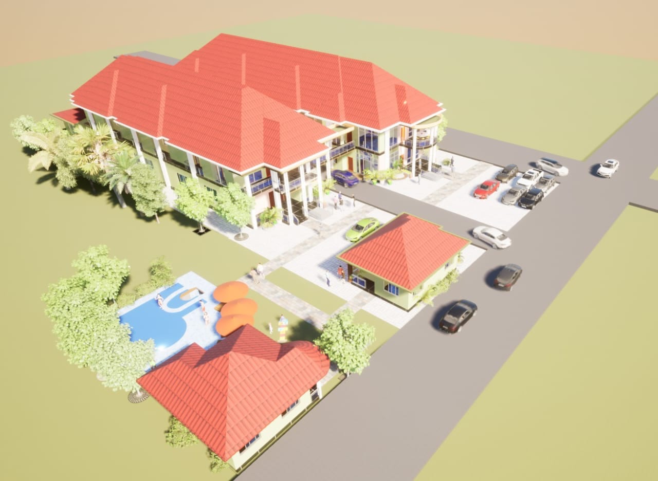 Side view of the Achievement Hub buildings and pool