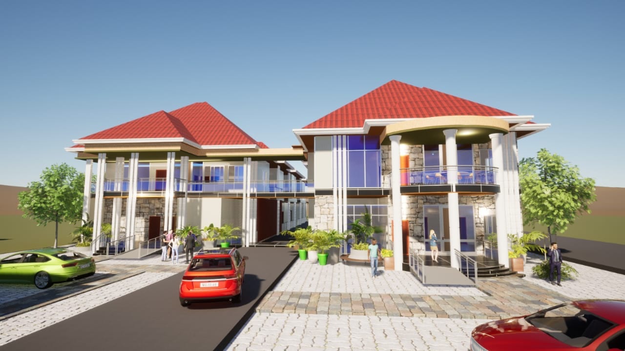 Close-up of the Achievement Hub main entrance and balconies